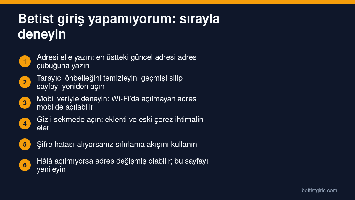 Betist giriş yapamıyorum sorununda uygulanacak altı adımlık sıra: adresi elle yazma, önbellek temizleme, mobil veri, gizli se